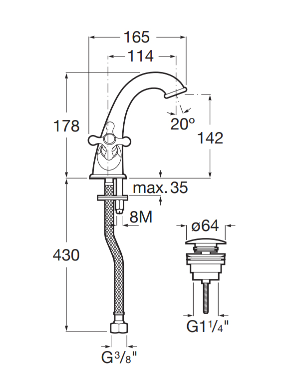 0exbatby34c811ost07q0y0kc68l05e1.jpeg Смеситель для раковины Roca Carmen, с донным клапаном click-clack, двухвентильный ,хром 5A3A4BC00