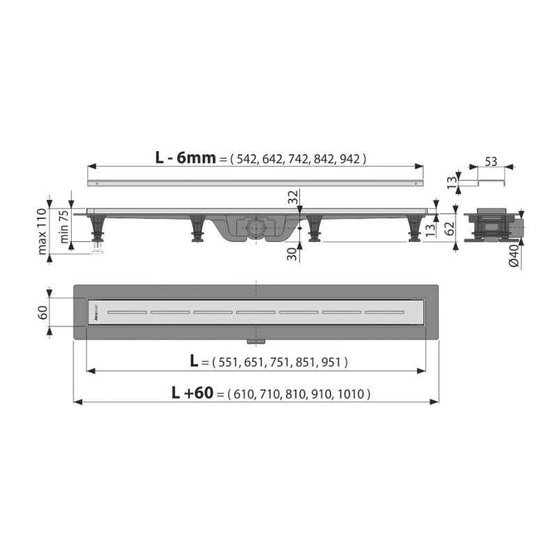 7d319828e85b61b2c4dfa3bfb484a909_a37e7cd8.jpeg Душевой лоток Alcadrain с порогами из нержавеющей стали для перфорированной решетки