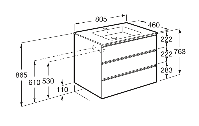 8ac0f0ef0c0ad57f694f8954f1804d30.png Тумба под раковину Roca THE GAP 800 мм, подвесная, 3 ящика, белый глянец