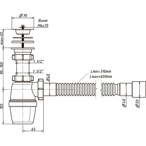 f62f028ff51c0832662b0b810451f6ec.jpg Сифон бутылочный ОРИО 1 1/2 х 40 с гибкой трубой 40-40/50